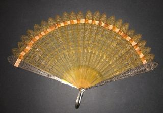 Rare Antique French Empire Filigree Carved Blond Horn Cut Steel Brise Fan