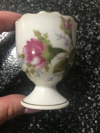 Vintage Egg Cup Single Holder Pink Rose Floral White Porcelain Gold Trim Blue