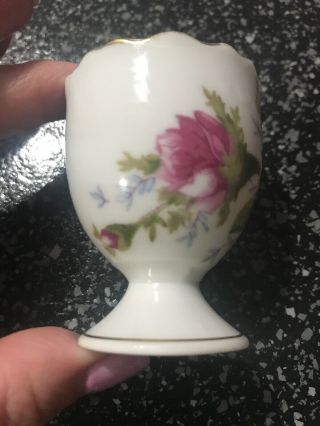 Vintage Egg Cup Single Holder Pink Rose Floral White Porcelain Gold Trim Blue 2