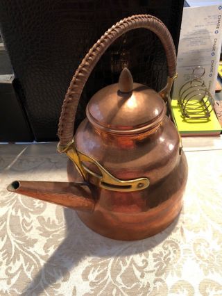 Arts & Crafts Hammered Copper & Brass Tea Pot w/ Woven Handle WMF 2