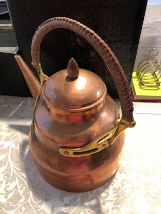Arts & Crafts Hammered Copper & Brass Tea Pot w/ Woven Handle WMF 3