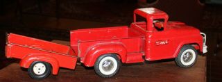 Vintage 1960s Buddy L Red Open Bed Pick Up Pressed Steel Truck W/trailer
