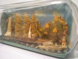 Vintage Ship In A Bottle Glass Lighthouse France L.  J.  McGuiness Folk Art Diorama 2