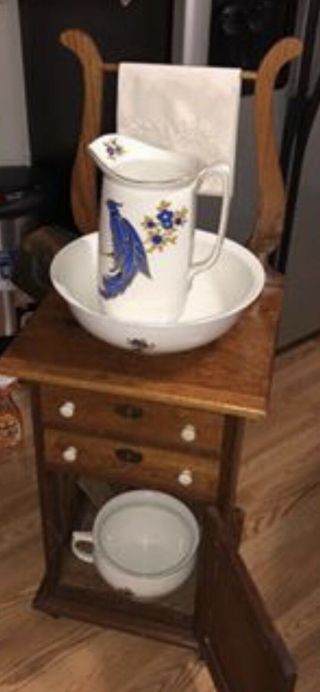 Antique Country Wash Basin Stand With Bowl And Pitcher.