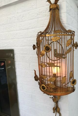 Vintage Italian Gilt Tole Bird Cage Lamp Sconce Wall Decor Hollywood Regency 2