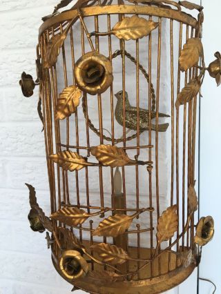 Vintage Italian Gilt Tole Bird Cage Lamp Sconce Wall Decor Hollywood Regency 3