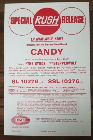 The Byrds - Steppenwolf - Candy - Emi Special Rush Release Flyer