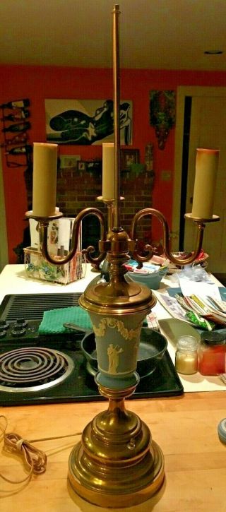 Wedgwood Jasperware Lg.  31 X 8 " Pale Blue Vase 3 - Light Brass Lamp