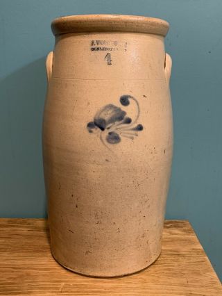 Antique Stoneware 4 Gallon Churn Crock F Woodworth Burlington,  Vt 19th Century