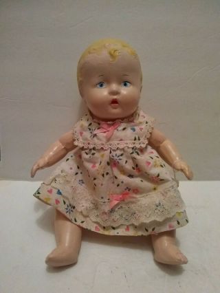 Vintage 12 " High Composite Baby Doll In Vintage Floral Dress