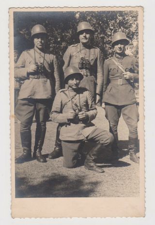 Bulgarian Ww2 Officers W/helmets And Binoculars Vintage Orig Photo (54129)