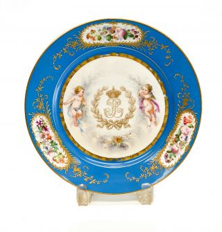 Sevres France Porcelain Hand Painted Cherub Cabinet Plate,  Circa 1900,  Signed