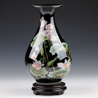 Oriental Chinese Hand - Painted Black Lotus Flowers Drop Shape Vase
