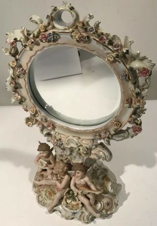Antique 18” Tall Meissen Porcelain Beveled Mirror With Cherubs & Flowers German