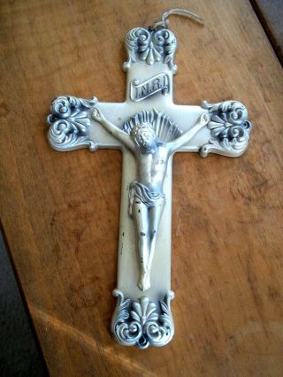 Antique 19th Century Silvered Metal Crucifix: S.  M.  C.  Co.  46.  9.  5 " Tall 6 " Wide