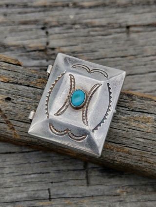 Vintage Navajo Sterling Silver & Turquoise Hand Stamped Pill Box Beveled Lid
