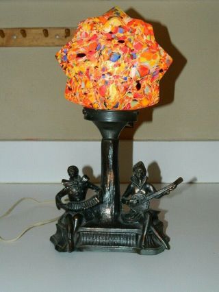 Art Deco Spelter Figural Lamp Czech End Of Day Spatter Glass Starburst Shade