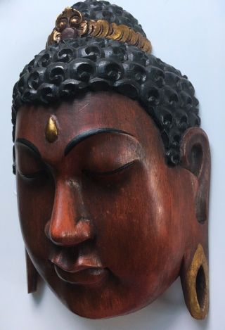 Buddha Mask Hand Carved Dark Wood Balinese Indonesian Asian Wall Art Home Decor 2