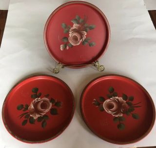 Vintage Metal Trays Hand Painted Toile Roses Antique Home Decor Red/pink Round