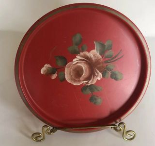 Vintage Metal Trays Hand Painted Toile Roses Antique Home Decor Red/Pink Round 2