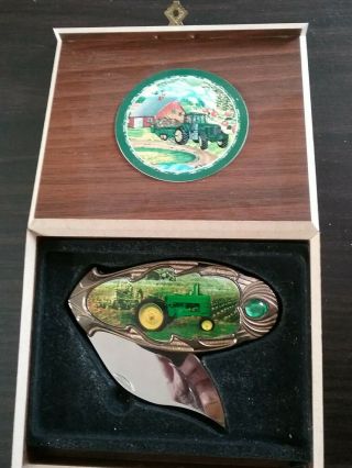 John Deere Tractor Folding Knife Single Stainless Steel Blade Handle In Wood Box