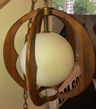 1960’s Vintage Mid - Century Danish Modern Walnut Frosted Glass Hanging Lamp 18”