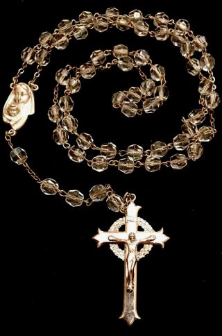 Vintage Sterling Silver And Multifaceted Crystal Beaded Catholic Rosary