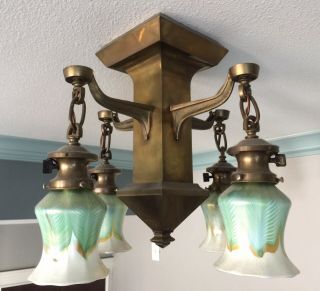 Arts and Crafts Mission chandelier QUEZAL shades ceiling light fixture cir 1916 2