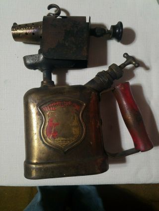 Vintage Clayton & Lambert Mfg.  Co Brass Blow Torch Tool Wooden Red Handle