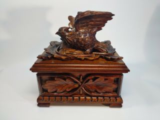 German Vtg Black Forest Wood Carved Jewelry Or Cigar Box With Bird