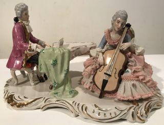 Porcelain Dresden - Art Porcelain Lace Figure Orchestra Music Pair Piano Cello 13”