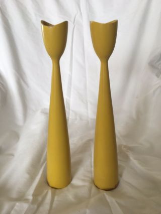 Vintage Retro Mcm Yellow Timber Tulip Candle Holders