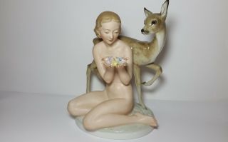 Hutschenreuther Selb Porcelain Figurine,  Nude Lady With Fawn Carl Werner Lorenz
