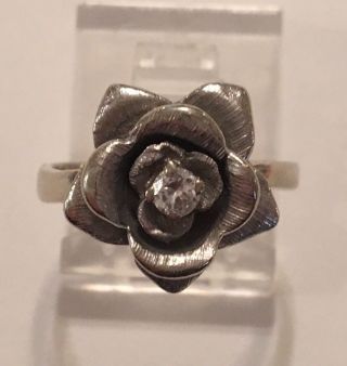 Vintage 14k White Gold Diamond Rose Flower Floral Ring
