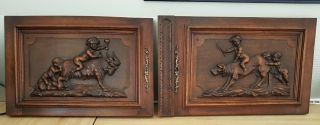 Two Antique 19th Century Panels In Carved Wood With Putti Decoration And Animals