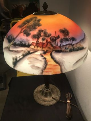 Antique Vintage Reverse Painted Glass Lamp Art Crafts Nouveau Handel Hubbard Era