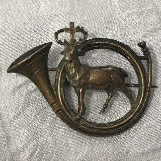 Antique Saint Hubert Hubertus Stag With Hunting Horn Religious Metal Pin Brooch