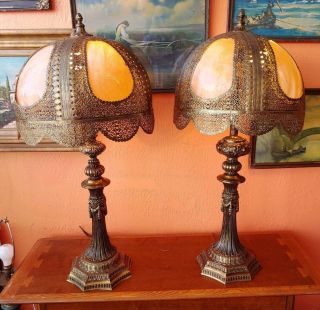 Antique Victorian Decorative Pierced Metal And Slag Glass Table Lamps