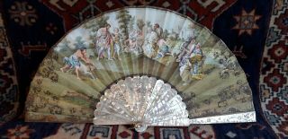 Antique French Hand Painted Signed Mother Pearl Fan
