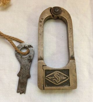 Vintage Antique Slaymaker Push Key Padlock Brass W/ One Key,  3 1/8 "