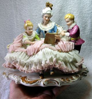 Large Exceptional Dresden Volkstedt German Porcelain Lace Figurine Woman Reading