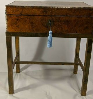 Antique English Campaign Writing Box Lap Desk Burl Walnut Brass Stand