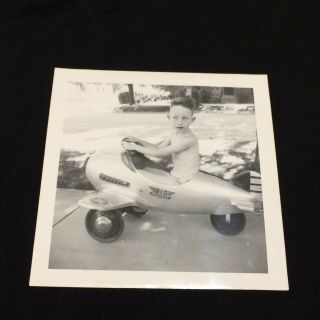 Little Boy In Pursuit Pedal Plane Car Vtg Toy Snapshot Photo 1950s So Cute 1
