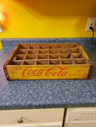 Vintage Coca Cola Wooden Crate Box Holder Holds 24 Bottles Yellow / Red