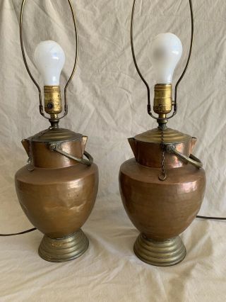 Large Pair Vintage Hand Hammered Copper Jug/pitcher Table Lamps -