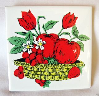 Vintage 4 " Art Tile Trivet Red Fruit Apples Strawberries In Basket