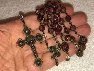 Rosary Ruby Red Beads W Gold Swirls,  Crystals,  Copper/brass Metal