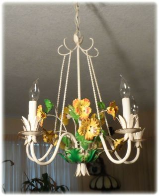 Vintage Mid Century Italian Tole 5 Arm Chandelier With Flowers 60 