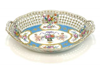 Sevres Style Hand Painted Porcelain Reticulated Double Handled Bowl,  C1910