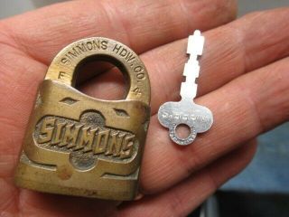 Rare Old Brass Miniature Simmons (keen Kutter) Padlock Lock With A Key.  N/r